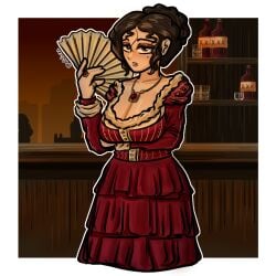 1girls 1female solo_female looking_at_viewer light_skin light_skinned_female light_skinned makeup make_up brown_hair brown_eyes clothed clothing clothes clothed_female fan royalty royal outmoded fusty finger_ring jewelry jewel medallion background back bar tavern tavern_background tavern_wench booze alcohol alcoholic_drink alcohol_bottle alcohol_bottles boobs big_breasts breast big_boobs blush lips plump plump_ass plump_breasts plump_thighs plump_lips plump_butt plump_boobs long_dress lifted_hairs prostitute prostitution arm_up aristocrat aristocracy courtesan courtezan hetaera lady