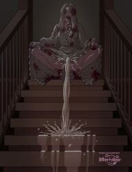 1girls bilberrybear blood_on_face blood_stain female female_only girls_only horror lifting_dress peeing peeing_on_floor peeing_on_stairs piss pissing pissing_on_floor resident_evil resident_evil_9:_requiem selena_corey staircase watersports zombie zombie_girl