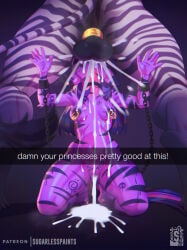 anthro areola balls biped breasts deep_throat duo english_text equid equine female female_penetrated friendship_is_magic genitals hasbro hi_res kneeling male male/female male_penetrating mammal my_little_pony nipples oral oral_penetration patreon_username penetration purple_body sex sugarlesspaints text twilight_sparkle_(mlp) zebra