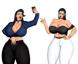 abs bimbo bimbo_body bimbo_lips black_hair black_lipstick blue_eyes breasts choker cleavage clothed daughter glasses goth goth_girl goth_mommy hourglass_figure huge_breasts midriff milf millena_gotthard millennium4ever millicent_gotthard mother mother_and_daughter outfit_swap pants selfie smile smiling the_gotthards thin_waist tongue tongue_out wide_hips