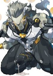 male male_only bara muscles muscular zenless_zone_zero banyue_(zenless_zone_zero) robot robot_humanoid robot_anthro machine humanoid long_hair lion lion_humanoid penis balls solo solo_male winters29208178 nude boner erection baoding_balls on_knees hands_behind_back blush