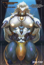 male male_only bara muscles muscular zenless_zone_zero banyue_(zenless_zone_zero) robot robot_humanoid robot_anthro machine humanoid long_hair lion lion_humanoid penis balls solo solo_male kult2k flaccid bulge big_bulge hands_behind_back text