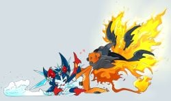1boy 1girls bazifenix blizarena blizarena_(the_battle_cats) blush cute elemental_pixies hearts_around_head non-human non-human_only on_knees original_characters sex the_battle_cats vaginal_sex winking_at_partner