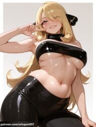 ai_generated arlequin097 cynthia_(pokemon) pokemon nintendo 1girl solo long_hair breasts looking_at_viewer blush smile large_breasts blonde_hair hair_ornament navel bare_shoulders very_long_hair thighs cowboy_shot sweat pants hand_up midriff stomach grey_background armpits hair_over_one_eye grin arm_up covered_nipples grey_eyes lips strapless gradient_background shiny_skin v skindentation black_pants underboob ass_visible_through_thighs from_below eyes_visible_through_hair white_border fur_collar shiny_clothes pink_lips red_lips bandeau tube_top w tight_clothes hand_on_own_thigh latex v_over_eye tight_pants yoga_pants leather_pants black_bandeau