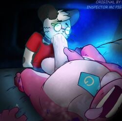 gameoverse oc gobbles_(gameoverse) glitch_productions animal_humanoid anthro balls belly big_balls big_belly big_penis bodily_fluids bodily_fluids_in_mouth mouse_humanoid mouse_ears mouse_boy mouse dinosaur duo two_boys male_only male/male male_penetrating male_penetrating_male gay gay_sex fellatio blowjob humanoid mammal_humanoid mammal musky musky_cock musky_penis obese oral oral_penetration overweight chubby penetration penile penis penis_in_mouth prehistoric_species reptile saliva sex derivative_work hi_res shaking holding_object tongue pleasure_face height_difference glasses round_glasses laying_on_bed lying_on_bed self_upload edit edited