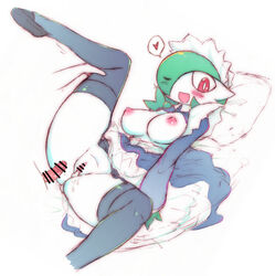 !! 1boy 1girls after_sex black_footwear black_legwear blush breasts censored closed_mouth cum cum_in_pussy cum_inside dress female gardevoir hair_over_one_eye heart holding human ikanomaru interspecies leg_grab looking_at_viewer maid male nintendo nipples no_panties on_back open_mouth pillow pokemon pokemon_(species) pokemon_rse red_eyes sex skirt smile spoken_heart spread_legs straight thighhighs tongue white_background