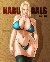 1girls artist_name beautiful_woman big_breasts bikini bikini_bottom bikini_top blonde_hair blue_bikini blue_thighhighs bottomwear breasts brown_eyes character_name cleavage english english_text female female_only forehead_jewel hair heavenly_body high_resolution highres hips huge_breasts leaning_to_the_side legwear lips mature mature_female mature_woman milf nail_polish nails naruto naruto_(series) red_nail_polish red_nails saburo_des smile solo solo_female swimwear text thighhighs thighs topwear tsunade watermark