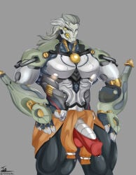 male male_only bara muscles muscular zenless_zone_zero banyue_(zenless_zone_zero) robot robot_humanoid robot_anthro machine humanoid long_hair lion lion_humanoid penis balls solo solo_male tmigson flaccid bulge