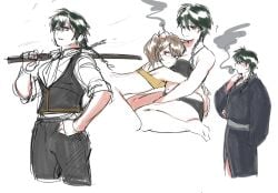 gintama okita_sougo hijikata_toshiro hijikata_tenko yuri okita_souko genderswap_(mtf) canon_genderswap rule_63 female_only female 2girls face_in_breasts braided_hair braid twin_braids ponytail brown_hair green_hair blush smoking cigarette red_eyes long_hair bra medium_breasts sketch sketch_page dark_green_hair panties black_panties black_bra chyup5