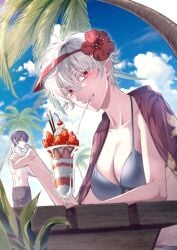 ababybamboo gintoki_sakata gintama ginko_sakata female male female_focus 1girls 1boy takasugi_shinsuke rule_63 genderswap_(mtf) canon_genderswap white_hair short_hair red_eyes very_short_hair wavy_hair flower_in_hair visor hibiscus solo_focus smile looking_at_viewer big_breasts cleavage bikini pale_skin upper_body parfait food pale-skinned_female ice_cream strawberry jacket_on_shoulders blush detailed_background beach outdoors palm_tree