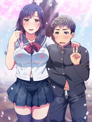 1boy after_sex black_hair brown_eyes cherry_blossoms condom erect_nipples female futase_hikaru hand_on_another's_shoulder highres navel nipple_bulge original petals pleated_skirt pussy_juice school_uniform see-through short_hair size_difference skirt sweat thighhighs unbuttoned used_condom v zettai_ryouiki