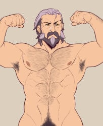 male male_only bara muscles muscular facial_hair beard zenless_zone_zero pompey solo solo_male yorumaell nude body_hair armpits armpit_hair flexing