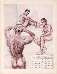 1965 3boys ass calendar_(medium) dated gay male male_only monochrome muscular nipples no_visible_genitalia original physique_(magazine) september_(month) shower traditional_media william_maclane
