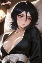 kuchiki_rukia bleach breasts 1girl solo purple_eyes black_hair japanese_clothes lying short_hair hair_between_eyes kimono upper_body looking_at_viewer collarbone black_kimono medium_breasts cleavage blush on_bed pillow closed_mouth sash on_back indoors long_sleeves white_sash lamp lips bed open_clothes artist_name no_bra eyelashes light_particles breasts_apart on_side martial_arts_belt sweat bed_sheet sunlight obi messy_hair border grey_border white_bow large_breasts medium_hair dated signature lantern mionety ai_generated