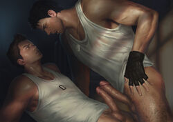 2boys bara blush body_hair bottomless brown_hair chris_redfield erection facial_hair frottage gay gloves lying male_only multiple_boys muscle penguin_frontier penis piers_nivans pubic_hair resident_evil sweat testicles uncensored undressing yaoi