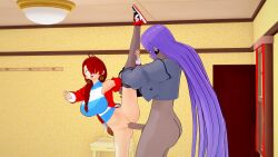 3d big_ass big_breasts blue_eyes bottomless braid earrings futa_on_female futanari gray_skin grey_skin hiderlink20 hoodie insertion koikatsu leg_grab legs_apart purple_hair red_hair sex splits