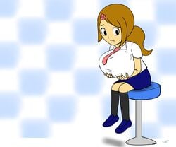 1girls 2017 against_glass alternate_breast_size arm_band bent_over blush bracelet breast_expansion breasts brown_hair clothing godalmite hairclip large_breasts long_hair nipples ponytail reporter_(rhythm_tengoku) reporter_girl rhythm_heaven sequence sitting skirt tied_hair uniform watermark worried