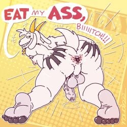 1:1 5_toes anthro anus backsack balls bodily_fluids bovid butt butt_grab caprine english_text facial_hair feet floppy_ears foreskin gaping gaping_anus genital_fluids genitals goat goatee hand_on_butt horn leaking_precum long_ears looking_at_viewer looking_back looking_back_at_viewer male mammal naudiz_(artist) penis perineum plantigrade precum rear_view requesting sex_request smile solo speech_bubble spread_butt spreading talking_to_viewer teeth text throbbing throbbing_penis toes