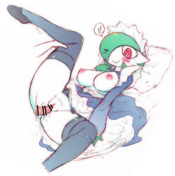 !! 1boy 1girls black_footwear black_legwear blush breasts censored closed_mouth dress female gardevoir hair_over_one_eye holding human ikanomaru interspecies leg_grab looking_at_viewer maid male nintendo nipples no_panties on_back pillow pokemon pokemon_(species) pokemon_rse red_eyes sex skirt smile spread_legs straight thighhighs white_background