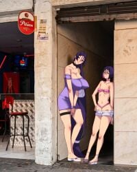 2girls alleyway_milf_(meme) annimeone7 armwear bar_(place) big_breasts blush bracelet breasts choker cleavage colombia dress fate/grand_order fate_(series) female female_only footwear full_body hair hallway hand_on_hip huge_breasts legs long_hair mature mature_female mature_woman medellin,_colombia meme meme_reference milf minamoto_no_raikou_(fate/grand_order) neckwear o-ring o-ring_bottom o-ring_top pink_thong purple_dress purple_eyes purple_hair purse revealing_clothes sandals short_dress short_hair short_shorts shorts skimpy skimpy_clothes small_breasts smile stool thigh_strap thong ushi_gozen_(fate) white_shorts