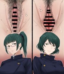 2girls 369_(editorsakura) bar_censor blue_jacket blunt_bangs breasts buttons clitoral_hood clitoris closed_mouth eyewear female female_pubic_hair glaring glasses green_eyes green_hair high_ponytail jacket jujutsu_kaisen large_breasts long_hair looking_at_viewer mai_zenin maki_zenin multiple_girls multiple_views pink-framed_eyewear png ponytail pubic_hair purple-framed_eyewear pussy pussy_comparison red_background school_uniform short_hair siblings sisters spread_pussy sweat swept_bangs vagina yellow_eyes zen'in_maki zenin_mai zenin_maki