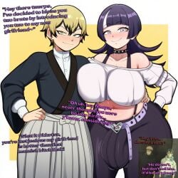 1girls 3boys ai_generated bulge bulge_through_clothing bulge_under_clothes choker dialogue edited english_text futa_on_male futanari gigantic_breasts hand_on_hip hoshi_kirara huge_ass huge_breasts huge_cock itadori_yuuji jujutsu_kaisen multicolored_hair novelai pink_eyes slop_gavv thick_thighs trans_woman voluptuous wide_hips yellow_eyes yuta_okkotsu zenin_naoya