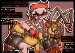 absurd_res antennae_(anatomy) anthro areola arms_tied arthropod bdsm bee big_breasts bitchsuit blush bondage bondage_gear bound breasts butt canid canine chicken-wing_tied clothing collar dominant dominant_female duo female female/female frogtied fur gag gagged glistening glistening_body glowing hair handwear hi_res hymenopteran insect khalfy_kun leather_bondage leather_restraints legs_tied mammal muzzle_(object) muzzle_gag muzzled nipples nude open_mouth petplay pup_bee rebekah_(khalfy_kun) restraints roleplay simple_background smile submissive submissive_female tail teeth text thick_thighs tight_bondage tongue tuft vernid wings yellow_body