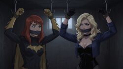 2girls ai_generated barbara_gordon batgirl batgirl_(barbara_gordon) batman_(series) black_canary blonde_hair blue_eyes bondage bound_wrists brown_hair dc_comics gag gagged over_the_mouth_gag unmasked