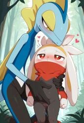 ai_generated anguirus12345 anthro bodily_fluids duo female forest forest_background generation_8_pokemon hi_res inteleon lagomorph long_ears male male/female mammal nature nature_background nintendo plant pokemon pokemon_(species) pussy pussy_juice raboot seducing size_difference tree vaginal young younger_female