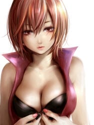 1girls ao+beni brown_eyes female female_only meiko short_hair solo undressing vocaloid white_background