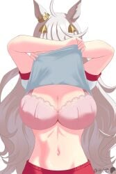 oxicmar umamusume biwa_hayahide_(umamusume) absurdres highres 1girl animal_ears artist_name bra breasts cleavage clothes_lift ear_ornament grey_bra grey_hair gym_shirt horse_ears horse_girl large_breasts lifting_own_clothes long_hair navel shirt shirt_lift simple_background solo stomach underwear undressing upper_body white_background white_shirt 1girls