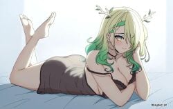 1girl 1girls adult adult_female arm_support ass ass_cleavage ass_crack babydoll big_boobs big_breasts black_babydoll black_camisole blush_face blushing blushing_at_viewer blushing_female branch_horns breasts busty busty_female busty_girl butt camisole ceres_fauna closed_mouth_smile dayyo_(daydarion/day-chan) ear_piercing feet_up flushed flushed_face foot_up gradient_hair green-haired_female green_hair hololive hololive_english large_boobs large_breasts light_smile lying lying_down lying_on_bed lying_on_breasts lying_on_stomach mature mature_female multicolored_hair on_bed on_breasts on_stomach pierced_ear resting_arm slight_smile smile smiley_face smiling smiling_at_viewer soles thick_ass thick_butt toes virtual_youtuber vtuber vtuberfanart yellow-eyed_female yellow_eyes