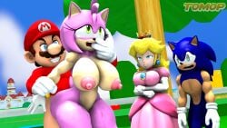 2boys 2girls 3d 3d_(artwork) :< :d amy_rose ass crossover furry kabalmystic_(style) mario mario_(series) nintendo princess_peach sega sfm sonic_(series) sonic_the_hedgehog source_filmmaker tomop