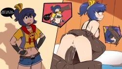 1boy 1girls big_black_cock blindfold blue_hair blush bra brawl_stars crop_top cum dark-skinned_male drooling fingerless_gloves forced hair_bow holding_waist humanized interracial licking_cum light-skinned_female midriff motion_lines partially_clothed partially_nude penetration pirate ripped_clothing rule_63 scoop_skies shadow shorts skull taking_clothes_off tick_(brawl_stars) vaginal_penetration