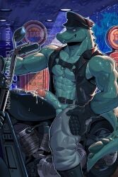 abs bike_shorts crocodile cum cum_drip cum_on_penis gas_station huge_muscles i_think_i_like_you i_think_i_like_you_(artist) leaking_cum male male_only motorcycle muscular muscular_male penis scales scalie solo solo_male
