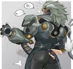 male male_only bara muscles muscular zenless_zone_zero banyue_(zenless_zone_zero) robot robot_humanoid robot_anthro machine humanoid long_hair lion lion_humanoid penis balls 567wzh nude ass boner erection speech_bubble blush disembodied_hand