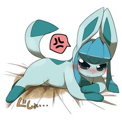 ambiguous_gender angry bed bed_sheet bedwetting blush canine eeveelution embarrassed female furry glaceon nintendo paws peeing peeing_self pokemon pokemon_dppt satsuki_rabbit sheets solo tail tears urination urine urine_stain video_games wet