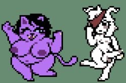 accessory alternate_universe anthro areola asriel_dreemurr balls big_balls big_breasts big_butt big_ears big_penis black_hair blush bodily_fluids boss_monster_(undertale) bovid breasts butt caprine catty_cattenheimer deltarune digit_ring digital_media_(artwork) domestic_cat duo ears_as_hair erection eye_patch eyelashes eyewear fangs felid feline felis female female_anthro fur genital_fluids genitals goat gynomorph hair horn huge_breasts huge_butt huge_penis humanoid_genitalia humanoid_penis intersex jewelry long_ears looking_at_another looking_at_partner mammal mature_anthro mature_female messy_hair moronicpixels nipples nude one_eye_closed open_mouth overweight overweight_female pawpads paws penis pixel_(artwork) pose precum purple_body purple_fur ring ring_(jewelry) shiftshiftshift simple_background slim small_waist smile standing tail teeth thick_thighs tongue undertale undertale_(series) wedding_ring white_body white_fur white_hair wide_eyed wide_hips wink xenias98