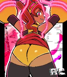 pixel_art pixel butt butt_focus skirt kit_(gameoverse) gameoverse glitch_productions digital_media_(artwork) digital_drawing_(artwork) digital cat_ears cat_tail catgirl cat_girl neko captured captured_heroine energy looking_at_viewer looking_back looking_back_at_viewer looking_over_shoulder brown_hair brown_body black_legwear red_eyes open_mouth whiskers spade/ac goggles goggles_on_head watermark self_upload booty ass ass_focus ass_up pixelated tail yellow_skirt skirt_lift skirt_up panties yellow_underwear skin looking_pleasured lip_biting biting_lip biting_own_lip