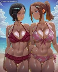 2girls abs ada_wong ai_generated bare_shoulders beach bikini black_hair blue_eyes blue_sky breasts brown_eyes brown_hair claire_redfield cleavage closed_mouth cloud collarbone dandanhub day eye_contact floral_print frilled_bikini frills front-tie_bikini_top front-tie_top large_breasts long_hair looking_at_another multiple_girls navel ocean outdoors pink_bikini ponytail print_bikini red_bikini resident_evil sand shiny_skin short_hair side-by-side side-tie_bikini_bottom sky smile stomach sweat swimsuit thigh_gap thighs toned water wet