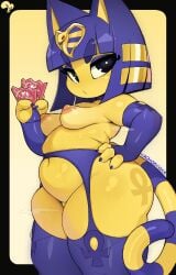krokobyaka ankha animal_crossing nintendo furry furry_only furry_female female feline anthro blue_hair hair yellow_body thick_thighs thighs breasts nipples painted_nails tail 2d 2026 condom holding_condom looking_at_viewer ass lingerie cat_ears cat_tail catgirl solo 1girls