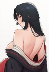 ai_generated back_view backside big_breasts black_hair busty busty_female hair_over_shoulder hime_cut hotori_(neverness_to_everness) juicy_lips kagetsumoon kimono kimono_on_shoulders neverness_to_everness seductive_look sideboob