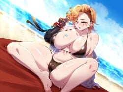 kamen_rider kamen_rider_ooo_(series) ankh_(kamen_rider_ooo) genderswap genderswap_(mtf) rule_63 1girls female female_only female_focus solo breasts large_breasts big_breasts pussy_outline bikini black_bikini blonde_hair wavy_hair popsicle popsicle_melting beach beach_background on_towel shirt_removed white_shirt hi_res green_eyes angry sweat sweatdrop sweating monster_hand monster_arm beach_towel towel blush blushing bird_arm sitting sitting_on_towel thighs thick_thighs pinup