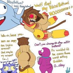 absurd_res anthro anus aquatic areola bikini bikini_bottom bikini_top breasts butt cetacean clothing dialogue dinosaur dolphin earl_the_urchin echinoderm echinozoan embarrassed embarrassed_nude_female enf english_text eyewear fangs felid feline female flappers_(gameoverse) gameoverse genitals glitch_productions gobbles_(gameoverse) goggles greeting group hi_res kit_(gameoverse) lost_bikini lost_clothes male mammal mostly_nude nipples nude nutnut_kunisaki open_mouth prehistoric_species rear_view reptile scalie sea_urchin spikes swimwear tail teeth text tongue toothed_whale two-piece_swimsuit vulva whiskers