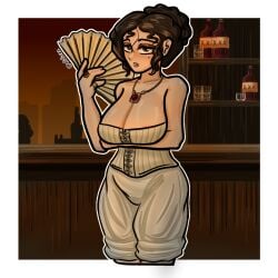 1girls 1female solo_female looking_at_viewer light_skin light_skinned_female light_skinned makeup make_up brown_hair brown_eyes clothed clothing clothes clothed_female fan royalty royal outmoded fusty finger_ring jewelry jewel medallion background back bar tavern tavern_background tavern_wench booze alcohol alcoholic_drink alcohol_bottle alcohol_bottles boobs big_breasts breast big_boobs blush lips plump plump_ass plump_breasts plump_thighs plump_lips plump_butt plump_boobs long_dress lifted_hairs prostitute prostitution arm_up aristocrat aristocracy courtesan courtezan hetaera lady corset corset_bra nightie