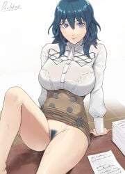 1girl :| absurdres artist_name ascot blue_eyes blue_hair breasts closed_mouth clothes_pull commentary commission devilukez english_commentary expressionless female_byleth_(fire_emblem) female_pubic_hair fire_emblem fire_emblem:_three_houses garreg_mach_monastery_uniform hair_between_eyes high-waist_skirt highres huge_breasts leaning_back long_sleeves looking_at_viewer medium_hair no_panties official_alternate_costume on_table pubic_hair second-party_source simple_background skirt skirt_pull skirt_rolled_up solo sweat table thighs tight_clothes upskirt white_ascot white_background