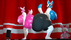 2girls 3d 3d_(artwork) animatronic anthro ass big_breasts big_nipples bigger_female breasts duo female female/female five_nights_at_freddy's furry giant_ass huge_ass huge_breasts huge_nipples hyper hyper_ass larger_female nipples robot size_difference source_filmmaker squishing_ass tight_clothing tyranfox tyranfox_(artist)