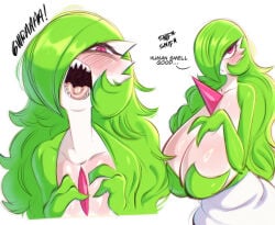 saltyxodium hi_res english_text dialogue text nintendo pokemon pokemon_(species) generation_3_pokemon gardevoir anthro 1girls female female_only solo green_hair long_hair hair_over_one_eye pink_eyes slit_pupils looking_at_viewer blush open_mouth tongue sharp_teeth white_background breasts big_breasts huge_breasts non-mammal_breasts
