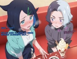 after_cum ai_generated amethio_(pokemon) blush bulge bulge_through_clothing cream cum cum_on_food cum_string cum_through_clothes erection_under_clothes futa_with_male futanari half-closed_eyes heavy_breathing huge_penis ice_cream implied_futa lawlbw191 liko_(pokemon) pokemon pokemon_horizons shocked surprised text