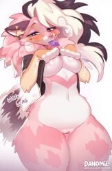 2026 5_fingers anthro areola biped blush bottomless bottomless_anthro bottomless_female breasts canid canine canis clothed clothed_anthro clothed_female clothing clothing_lift collar condom countershade_torso countershading danomil digital_drawing_(artwork) digital_media_(artwork) domestic_dog ear_piercing female fingers fur genitals hair heart_symbol hi_res inner_ear_fluff looking_at_viewer mammal navel partially_clothed partially_clothed_anthro partially_clothed_female piercing pink_body pink_fur purple_eyes sexual_barrier_device shirt shirt_lift shirt_only simple_background smile solo t-shirt t-shirt_lift t-shirt_only tail tail_motion tailwag teeth text topwear topwear_lift topwear_only tuft url vulva white_background